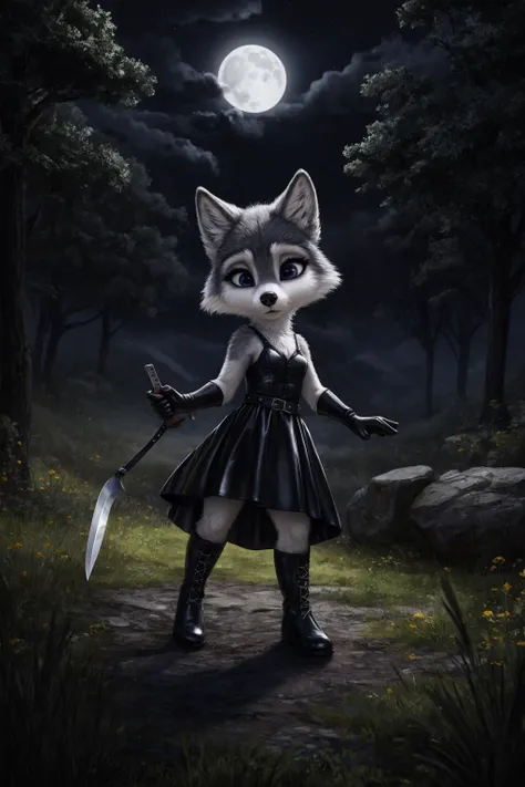 (by qupostuv35:0.8), (by siroc:0.8), (by silverfox5231:0.2)
female, (Detailed face), [(thin:1.1) : small petite : (wolf):4], (Detailed face), lush eyelashes, detailed fur,
(leather string straps ) on leather dress, bare legs, leather boots, leather belt, gloves
concentrated look, (leather bracelett), knife in hand, looking eval,
(more details, detailed background:1.1),
grassland, dark scene, clouds,
night, full moon, rim lighting, from below, trees in background