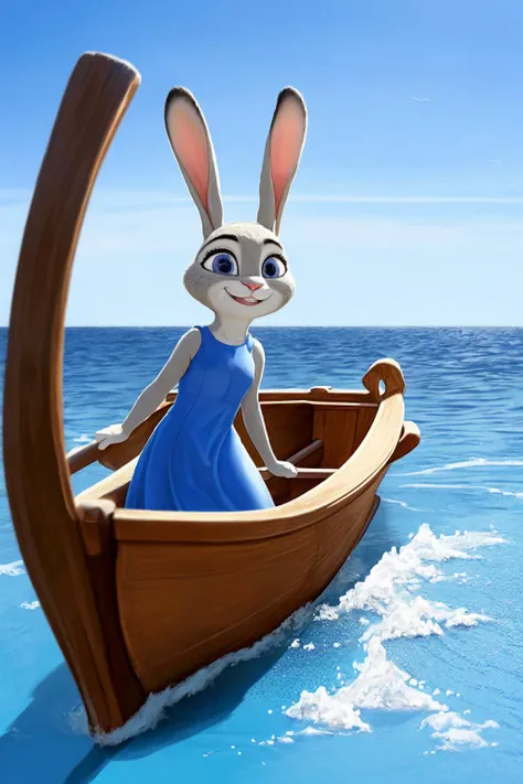 <lora:Wind_Waker:1.2>, female, (Detailed face), (solo:1.1), (more details:1.1), ((anthro, humanoid)), [(thin:1.1) : small petite : (Judy rabbit:1):4], (Detailed face), (anthropomorphic legs, anthropomorphic hands:1.1), (solo), hot sunny day, (smile:1.2), (blue dress), boat,red boat,ocean,sea,water, <lora:Judy_V2.4:0.4>