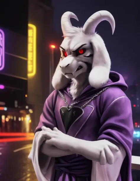 1boy, (( <lora:asriel-30:0.3>, <lora:asriel-20:0.2>, <lora:God asriel-09:0.4>, )), (fluffy), god of hyperdeath, (asriel dreemurr ( purple robe, horns, solo, male) and (black sclera, red shine eyes) and (insane detailed white fur, angry, fangs), (pose:1.3), (posing:1.3))<lora:asrielV2-07:0.6>, <lora:Furtastic_Detailer:0.5>, (high detail, film photography, soft focus, soft shading, photorealism, realistic, photorealistic, analog style, subsurface scattering, masterpiece, best quality, ultra realistic, 8k), <lora:locon_perfecteyes_v1_from_v1_64_32:0.3>, portrait, night, light, neon city, four finger, cute