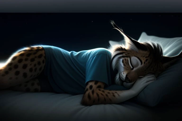 (Professional photo, photo filter, real photo, super realistic:1.2), nighttime, moonlit, (by qupostuv35:0.8), (by siroc:0.8), 1girl, (anthro, humanoid), [(thin:1.1) : small petite : (lynx:1.2):4], (fur tufts, fluffy), (closed eyes, sleepy eyes), (anthropomorphic legs, anthropomorphic hands:1.1), oversized tshirt, baggy sport shorts, (tired, sleepy), (sleeping, not looking at viewer, laying in bed), pillows, bedroom (light, peaceful, calm, serene, soothing, relaxed, ethereal, delicate), (perfectly detailed anatomy, perfectly detailed face,  detailed fur and hair, detailed nose and eyes, detailed mouth, detailed clothing, more details, detailed background),