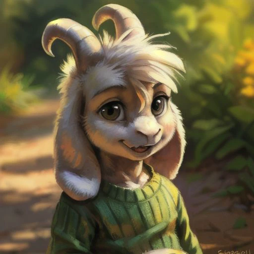 ((by Sabretoothed Ermine, by Kenket, by Supplesee, by Joaqun Sorolla)), ((detailed fluffy fur)), solo, (((kid, child:1.9))), (goat), (((white fur))), (black pants, green sweater, yellow stripes), ((Asriel)), white hair, cartoon, anthro, (soft shading), 4k, hi res, five fingers, paws, detailed hands, ((detailed face)), (((face portrait))), walking, (detailed background, depth of field, half body shadow, sunlight, ambient light on the body), (masterpiece, best quality, ultra realistic, 4k, 2k, (intricate:0.9), (high detail:1.4), film photography, (soft focus:1.2), RAW photo, photorealistic, analog style, subsurface scattering, photorealism, absurd res)