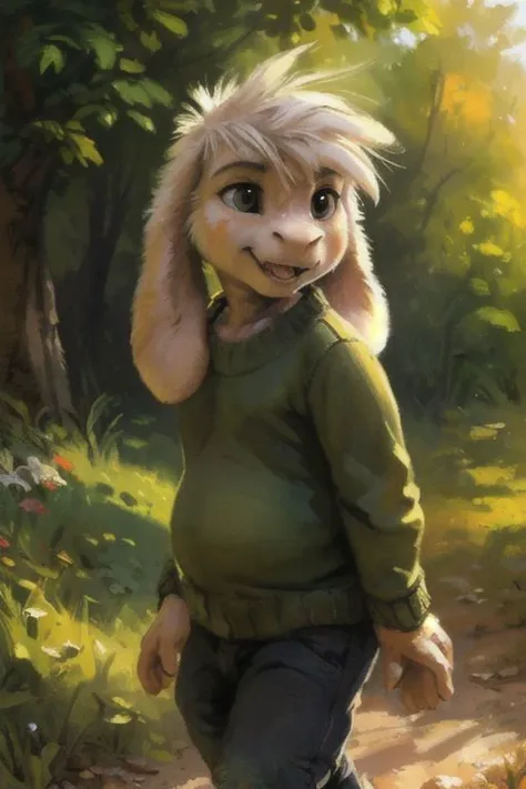 ((by Sabretoothed Ermine, by Kenket, by Supplesee, by Joaqun Sorolla)), ((detailed fluffy fur)), solo, (((kid, child:1.9))), (goat), (((white fur))), (black pants, green sweater, yellow stripes), ((Asriel)), white hair, cartoon, anthro, (soft shading), 4k, hi res, five fingers, paws, detailed hands, ((detailed face)), (((face portrait))), walking, (detailed background, depth of field, half body shadow, sunlight, ambient light on the body), (masterpiece, best quality, ultra realistic, 4k, 2k, (intricate:0.9), (high detail:1.4), film photography, (soft focus:1.2), RAW photo, photorealistic, analog style, subsurface scattering, photorealism, absurd res)