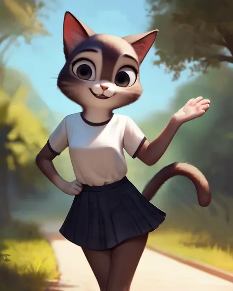 (by qupostuv35:1.0), female ((anthro, humanoid)), [(thin:1.1) : small petite : (cat:1.2):4], (Detailed face), (anthropomorphic legs, anthropomorphic hands:1.1), (solo), ((happy)), in nature, t-shirt, skirt