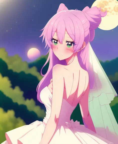 in the distance, far away, moon behing in the background, on a hill, akariWatanabe anime woman, wedding dress