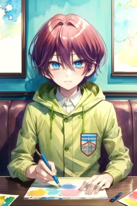 (best quality:1.1), (masterpiece:1.4), sketch, , upper body, depth of field, (watercolor illustration, soft pastel colors:1.1), , 1boy, solo, male focus, <lora:yuuta_shimada:0.98>, yuuta_shimada, red hair, blue eyes, short hair, parka, , world war 2,