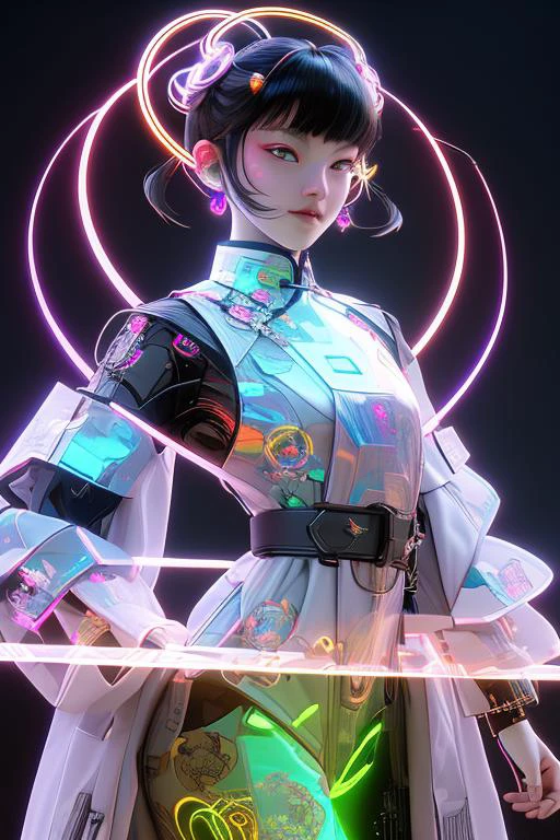 Chinese young girl androids,
3D style face, fair skin,exquisite facial features Hanfu and mecha,Cyberpunk,futurism
projection holographic display,holographic halo Laggador's Ring.
Surrounded by holographic ribbons throughout the waist, fluorescent, Shock,explosion,special effects, Perspective View,
Chinese martial arts movements,Kung Fu,Tai Chi3D art,3D rendering,OC rendering,Unreal Engine,
Hyper-Realistic,rich background,Realistic Details,Detailed Depiction,Minute Details,UHD8K, <lora:Tai Chi punk:1>