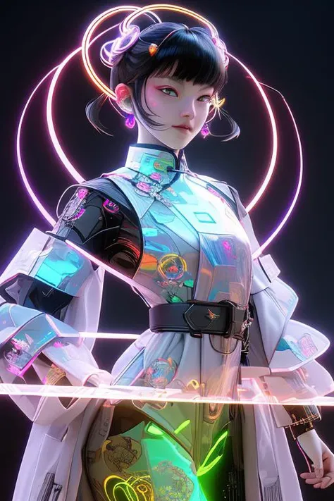 Chinese young girl androids,
3D style face, fair skin,exquisite facial features Hanfu and mecha,Cyberpunk,futurism
projection holographic display,holographic halo Laggador's Ring.
Surrounded by holographic ribbons throughout the waist, fluorescent, Shock,explosion,special effects, Perspective View,
Chinese martial arts movements,Kung Fu,Tai Chi3D art,3D rendering,OC rendering,Unreal Engine,
Hyper-Realistic,rich background,Realistic Details,Detailed Depiction,Minute Details,UHD8K,  <lora:Tai Chi punk:1>