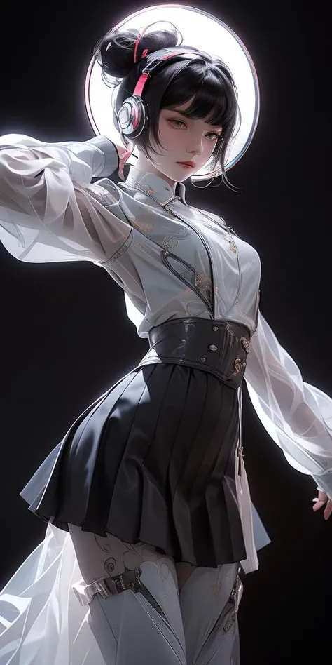 A cute pop singer with short hair and symmetrical teary eyes holds a guitar and sings into headphones, wearing a pleated skirt, with a dynamic angle, captured in a high-detailed cowboy shot, exuding a melancholy emotion, featuring soothing tones and a contrasting mix of light and shadow, all while emphasizing the subject's hair, eyes, mouth, and action in a composition that is both pleasing to the eye and thought-provoking. full body, <lora:Tai Chi punk:0.8>