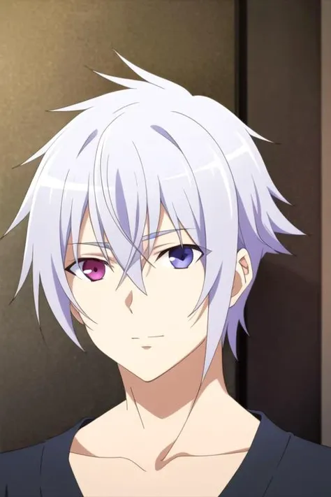 masterpiece, best quality, , 1boy, solo, male focus, looking at viewer, upper body, , , realistic, <lora:tsukasa_mikogami:0.70>, tsukasa_mikogami, grey hair, purple eyes, heterochromia, blue eyes, hair between eyes
