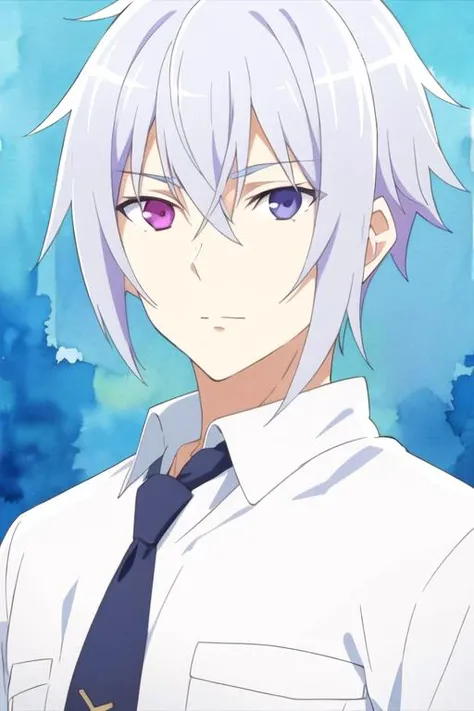 masterpiece, best quality, wallpaper, 1boy, solo, male focus, looking at viewer, upper body, , (watercolor illustration, soft pastel colors:1.1), , <lora:tsukasa_mikogami:0.68>, tsukasa_mikogami, grey hair, purple eyes, heterochromia, blue eyes,