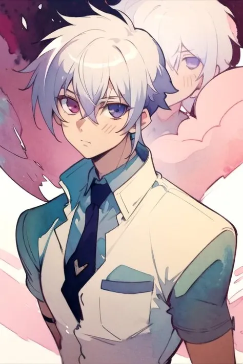 masterpiece, best quality, wallpaper, 1boy, solo, male focus, looking at viewer, upper body, depth of field, (watercolor illustration, soft pastel colors:1.1), , <lora:tsukasa_mikogami:0.78>, tsukasa_mikogami, grey hair, , hair between eyes, , , cyberpunk,