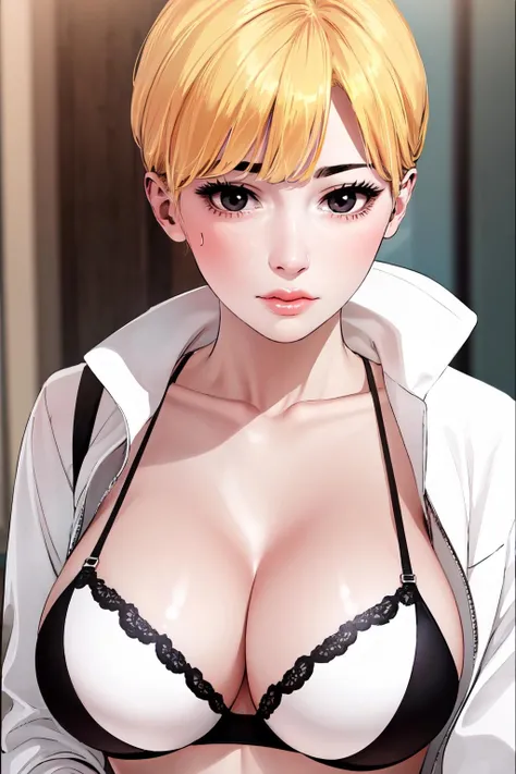 solo, looking at viewer, upper body, portrait, standing, bra visible through clothes, cleavage, <lora:Lighting Rod:1>, fw.chloe