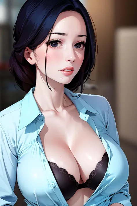 (masterpiece, best quality), solo, looking at viewer, upper body, portrait, standing, bra visible through clothes, large breasts, cleavage, <lora:Lighting Rod:1>, fw.dona.shin