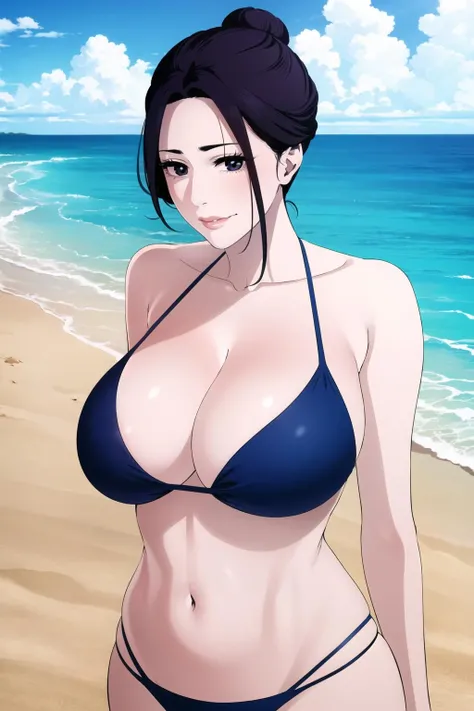 (masterpiece, best quality), solo, beach, looking at viewer, upper body, standing, bikini, cleavage, <lora:Lighting Rod:1>, fw.dona.shin, hair bun, mature female, large breasts, huge breasts, smirk