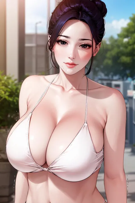 (masterpiece, best quality), solo, looking at viewer, upper body, standing, bikini, cleavage, <lora:Lighting Rod:1>, fw.dona.shin, hair bun, mature female, large breasts, huge breasts, smirk