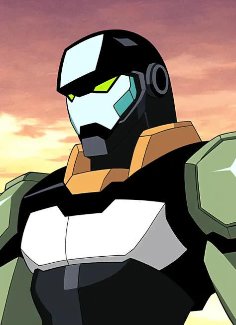 ben10, solo, no humans, parody, robot, mecha, sky, cloud, upper body, armor, orange sky, green eyes, ((masterpiece)) <lora:ben10_offset:1>