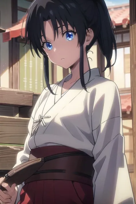 kaorukamiya, <lora:kaorukamiyatest:1>, kaoru kamiya, blue eyes, black hair, ponytail,
BREAK japanese clothes, open clothes, kimono, bandages, hakama, sarashi, open kimono, chest sarashi,
BREAK looking at viewer,
BREAK indoors,
BREAK <lora:GoodHands-vanilla:1>, (masterpiece:1.2), best quality, high resolution, unity 8k wallpaper, (illustration:0.8), (beautiful detailed eyes:1.6), extremely detailed face, perfect lighting, extremely detailed CG, (perfect hands, perfect anatomy),