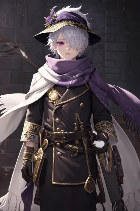 highres, sharp focus, pixiv masterpiece, ((intricate details)), highly detailed, lag_seeing, 1boy, hat, scarf, hair over one eye, gloves, white hair, belt, purple eyes, brown gloves, <lora:Lag Seeing_Tegami Bachi:0.8>