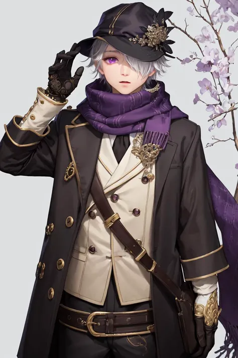 highres, sharp focus, pixiv masterpiece, ((intricate details)), highly detailed, lag_seeing, 1boy, hat, scarf, hair over one eye, gloves, white hair, belt, purple eyes, brown gloves, <lora:Lag Seeing_Tegami Bachi:0.7>