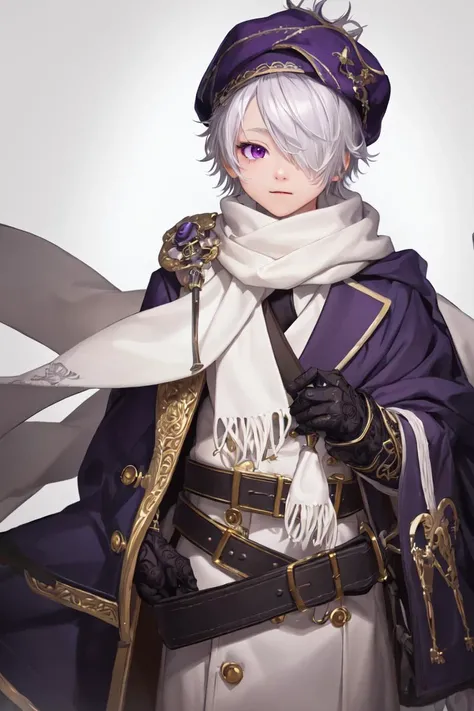 highres, sharp focus, pixiv masterpiece, ((intricate details)), highly detailed, lag_seeing, 1boy, hat, white scarf, hair over one eye, gloves, white hair, belt, purple eyes, brown gloves,   <lora:Lag Seeing_Tegami Bachi:0.8>