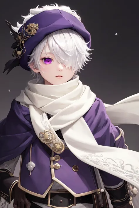 highres, sharp focus, pixiv masterpiece, ((intricate details)), highly detailed, lag_seeing, 1boy, hat, white scarf, hair over one eye, gloves, white hair, belt, purple eyes, brown gloves, <lora:Lag Seeing_Tegami Bachi:0.8>