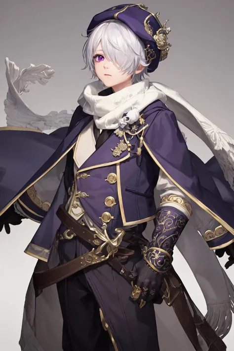 highres, sharp focus, pixiv masterpiece, ((intricate details)), highly detailed, lag_seeing, 1boy, hat, white scarf, hair over one eye, gloves, white hair, belt, purple eyes, brown gloves, <lora:Lag Seeing_Tegami Bachi:0.8>