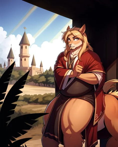 ((masterpiece), best quality, high quality, professional quality, highly detailed, highres, perfect lighting, natural lighting), (1boy, overweight, handsome, goatee, medium length hair, blonde hair), wearing wizard robes, riding a horse, on a battlefield