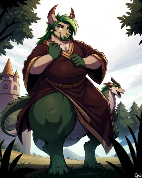 ((masterpiece), best quality, high quality, professional quality, highly detailed, highres, perfect lighting, natural lighting), (1boy, overweight, handsome, facial hair, medium length hair, green hair), wearing wizard robes, riding a dragon, on a battlefield