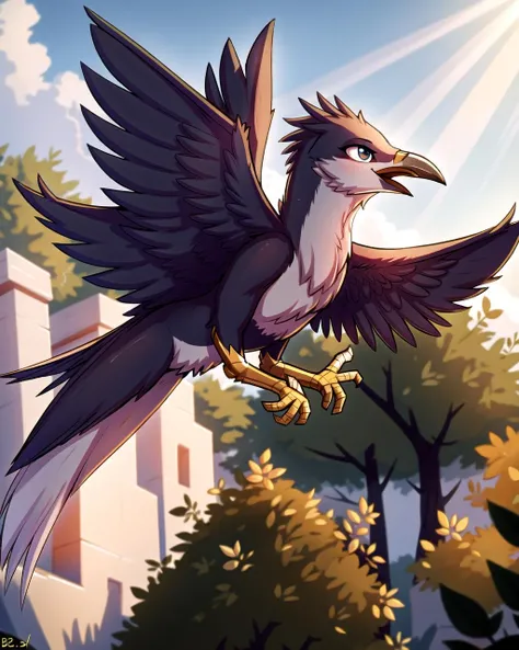 ((masterpiece), best quality, high quality, professional quality, highly detailed, highres, perfect lighting, natural lighting), bird furry:1.2, in flight, detailed background