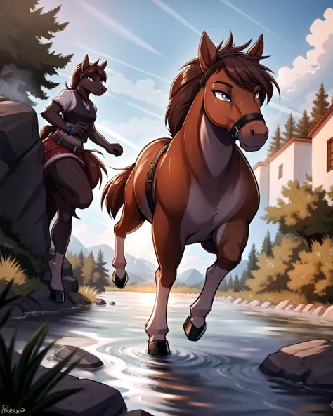 ((masterpiece), best quality, high quality, professional quality, highly detailed, highres, perfect lighting, natural lighting), horse furry:1.2,  running through a river, detailed background