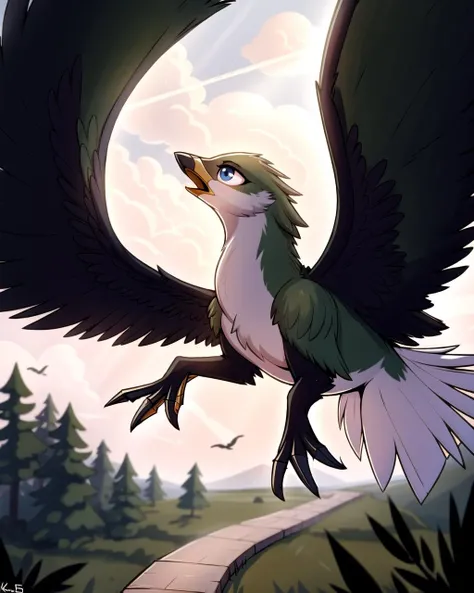 ((masterpiece), best quality, high quality, professional quality, highly detailed, highres, perfect lighting, natural lighting), bird furry:1.5,  in flight, detailed background