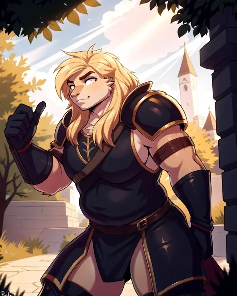 ((masterpiece), best quality, high quality, professional quality, highly detailed, highres, perfect lighting, natural lighting), (1boy, overweight, handsome, no facial hair, long hair, blonde hair), wearing armor, fighting, outdoors