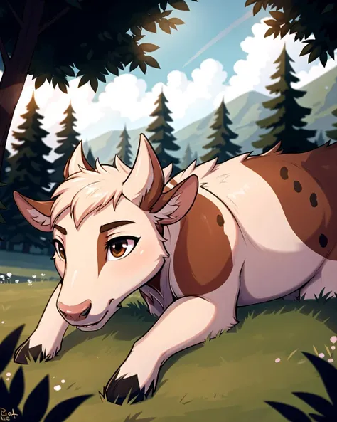 ((masterpiece), best quality, high quality, professional quality, highly detailed, highres, perfect lighting, natural lighting), cow furry:1.2,  grazing in a pasture, detailed background