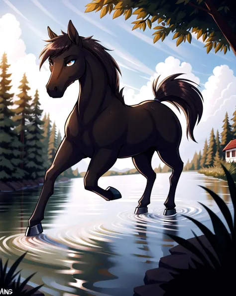 ((masterpiece), best quality, high quality, professional quality, highly detailed, highres, perfect lighting, natural lighting), horse furry:1.5, running through a river, detailed background