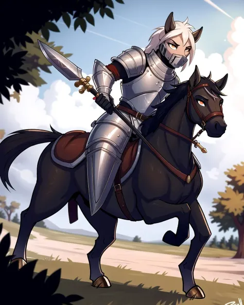 ((masterpiece), best quality, high quality, professional quality, highly detailed, highres, perfect lighting, natural lighting), ((masterpiece), best quality, high quality, professional quality, highly detailed, highres, perfect lighting, natural lighting), knight, wearing armor, holding weapon, horseback, stallion, battle against orcs