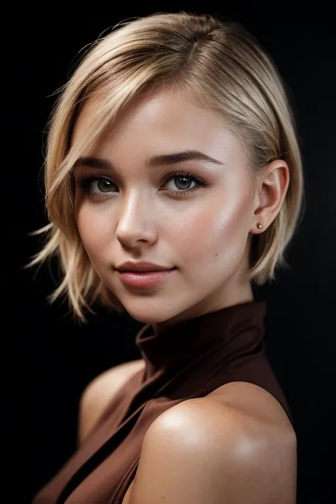 photo of (is4belm4y-135:0.99), a beautiful woman, perfect short blonde hair, (smiling, waist), (modern photo, Neon Pink sleeveless turtleneck), 24mm, (analog, cinematic, film grain:1.3), ((Cocoa Brown background:1.2)), detailed eyes, (seductive pose), (epicPhoto), (looking at viewer), jewelry, (cinematic shot:1.3), PA7_Portrait-MCU