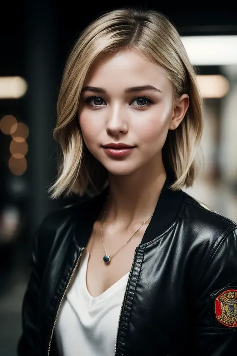 photo of (is4belm4y-135:0.99), a beautiful woman, perfect short blonde hair, (smiling, waist), (modern photo, Amber Quilted bomber jacket in a glossy finish with statement-making hardware), 24mm, (analog, cinematic, film grain:1.3), (office surrounded by old men:1.2), detailed eyes, (seductive pose), (epicPhoto), (looking at viewer), jewelry, (cinematic shot:1.3), PA7_Portrait-MCU
