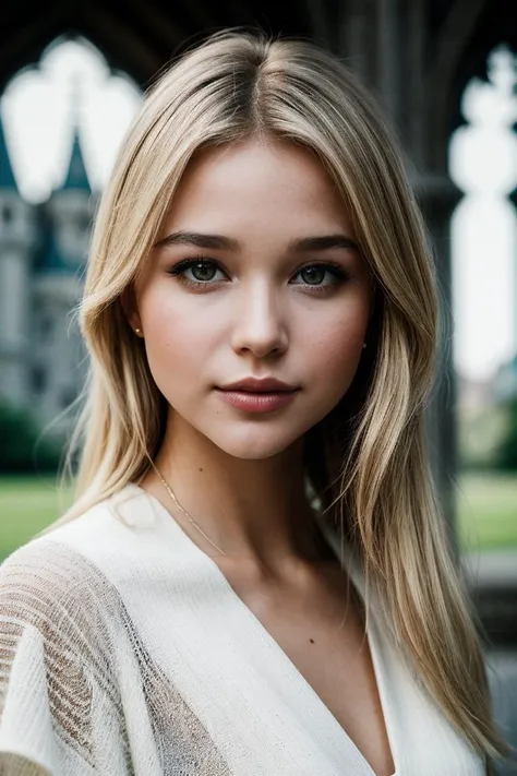 photo of (is4belm4y-135:0.99), a beautiful woman, perfect blonde hair, (modern photo, Amaranth Ribbed knit capelet), 24mm, (analog, cinematic, film grain:1.3), (An enchanting castle with tall spires and a moat:1.2), detailed eyes, (seductive pose), (epicPhoto), (looking at viewer), jewelry, (cinematic shot:1.3), PA7_Portrait-MCU