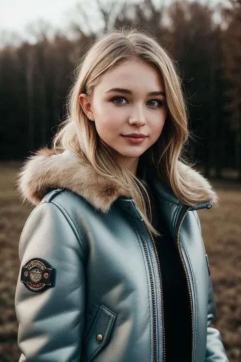 photo of (is4belm4y-135:0.99), a beautiful woman, perfect blonde hair, (smiling), (modern photo, Baby Blue Faux shearling aviator jacket with a faux fur collar and a vintage-inspired design), 24mm, (analog, cinematic, film grain:1.3), (farm:1.2), detailed eyes, (seductive pose), (epicPhoto), (looking at viewer), jewelry, (cinematic shot:1.3), PA7_Portrait-MCU
