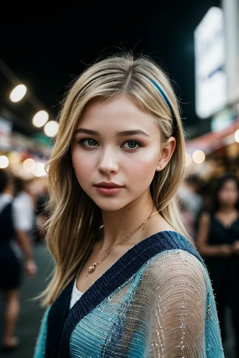 photo of (is4belm4y-135:0.99), a beautiful woman, perfect blonde hair, (modern photo, Lightsaber Blue Colorblock knit poncho), 24mm, (analog, cinematic, film grain:1.3), (A bustling, colorful street market in Bangkok:1.2), detailed eyes, (seductive pose), (epicPhoto), (looking at viewer), jewelry, (cinematic shot:1.3), PA7_Portrait-MCU