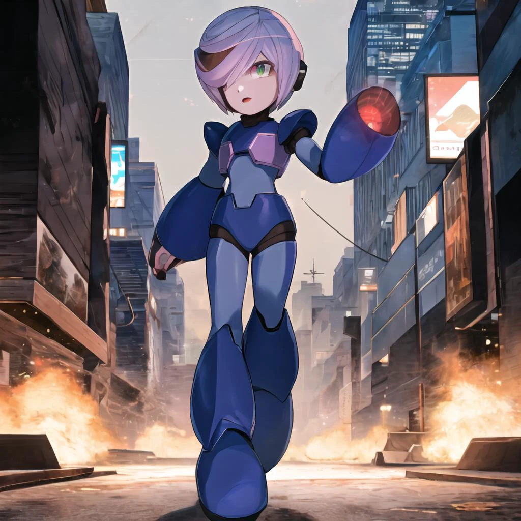masterpiece, best quality, highres, ultra-detailed, futuristic city, <lora:sageai-mk2-final-nohc:1> sageai, 1girl, <lora:X_MegaMan_X_V-08:1> x_megamanx, android, blue armor, green eyes, arm cannon, solo focus