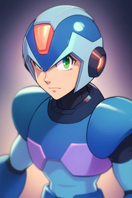 x_megamanx, solo, 1boy, male focus, helmet, android, blue armor, green eyes, masterpiece, high quality, portrait, <lora:X_MegaMan_X_V-08:0.9>