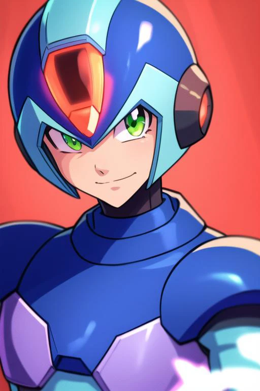 x_megamanx, solo, 1boy, male focus, helmet, android, blue armor, green eyes, masterpiece, high quality, <lora:X_MegaMan_X_V-08:0.9>