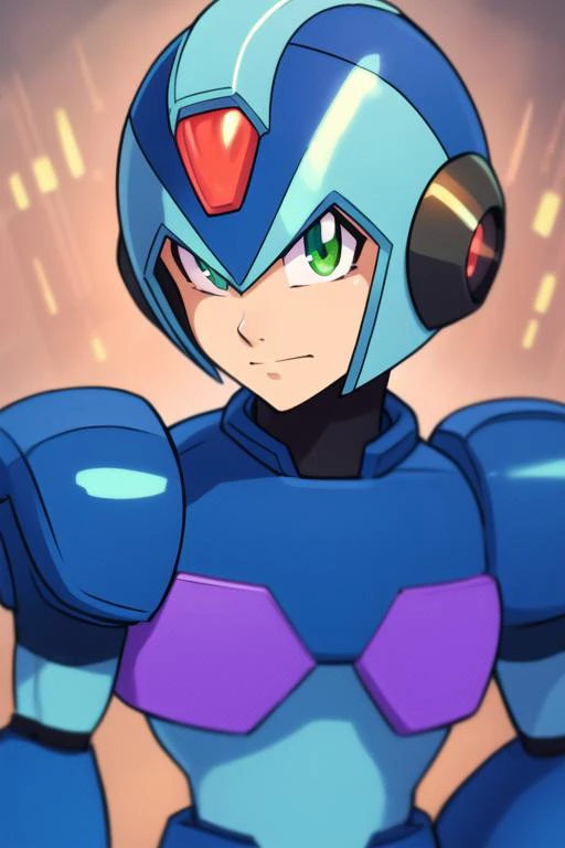 x_megamanx, solo, 1boy, male focus, helmet, android, blue armor, green eyes, masterpiece, high quality, <lora:X_MegaMan_X_V-08:0.9>