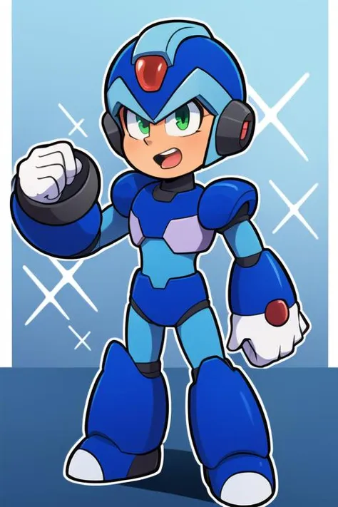 x_megamanx, solo, 1boy, male focus, helmet, android, blue armor, green eyes, masterpiece, high quality, <lora:X_MegaMan_X_V-08:0.9>