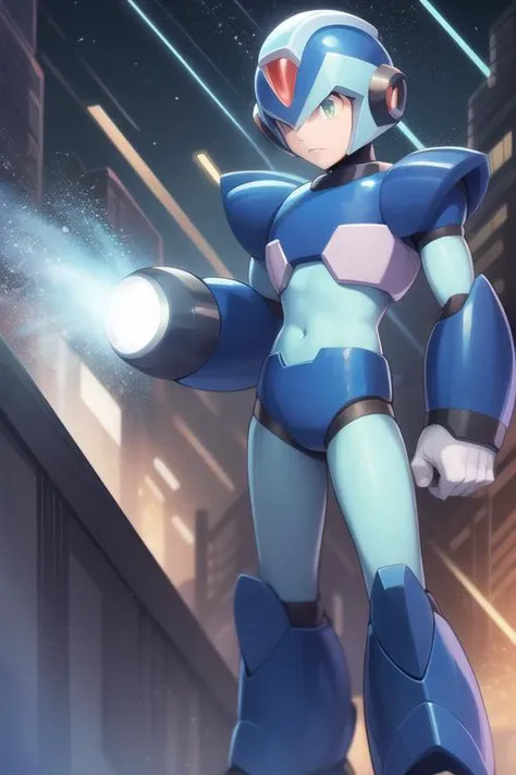 x_megamanx, solo, 1boy, male focus, helmet, android, blue armor, green eyes, masterpiece, high quality, arm cannon, <lora:X_MegaMan_X_V-08:0.9>