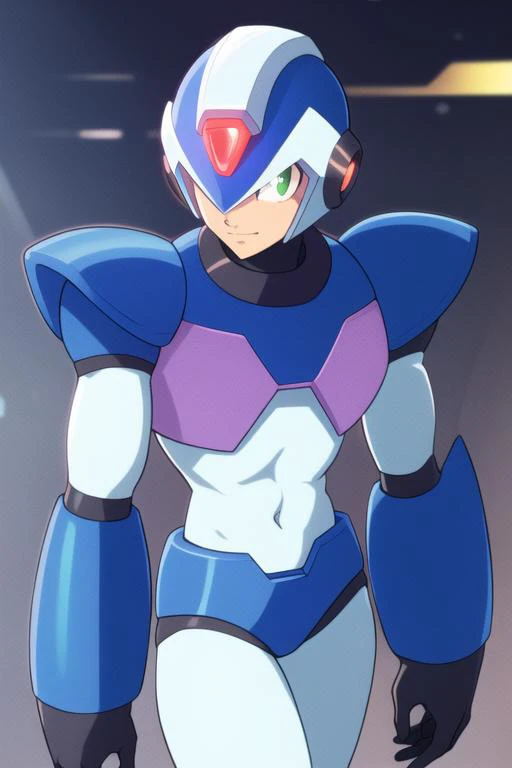 x_megamanx, solo, 1boy, male focus, helmet, android, blue armor, green eyes, masterpiece, high quality, <lora:X_MegaMan_X_V-08:0.9>