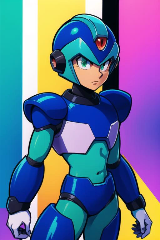 x_megamanx, solo, 1boy, male focus, helmet, android, blue armor, green eyes, masterpiece, high quality, <lora:X_MegaMan_X_V-08:0.9>