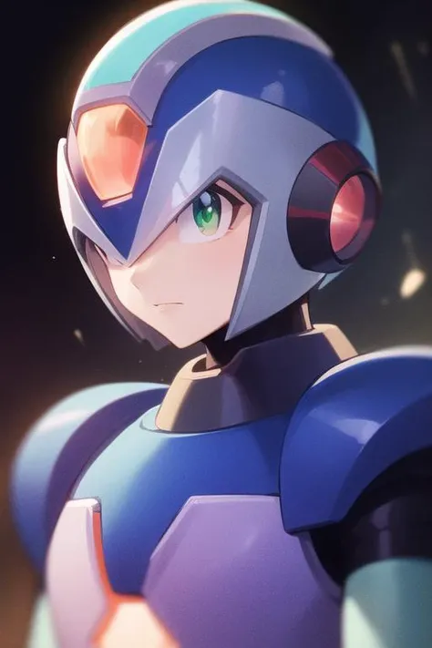 x_megamanx, solo, 1boy, male focus, helmet, android, green eyes, masterpiece, portrait, high quality, <lora:X_MegaMan_X_V-08:0.9>