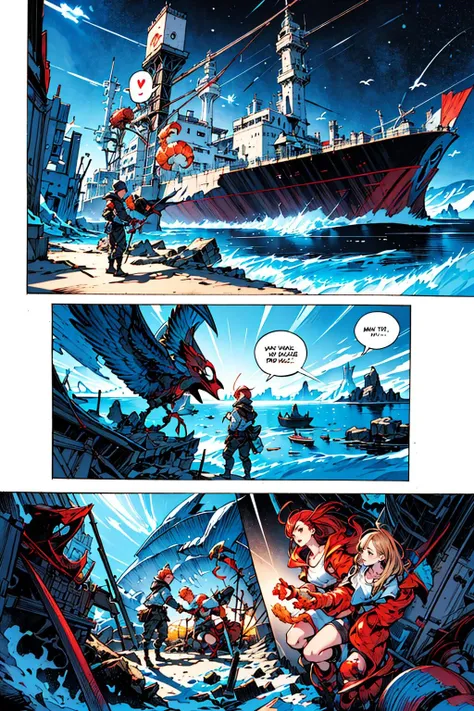((masterpiece)), (best quality), official art, extremely detailed CG, unity 8k wallpaper, ultra detailed,
multiple girls, multicolored_clothes, shrimp tempura, aurora, fishing, bird, clothed_animal, speech bubble,
comic_panel_layout, <lora:mangapolonia:0.9>